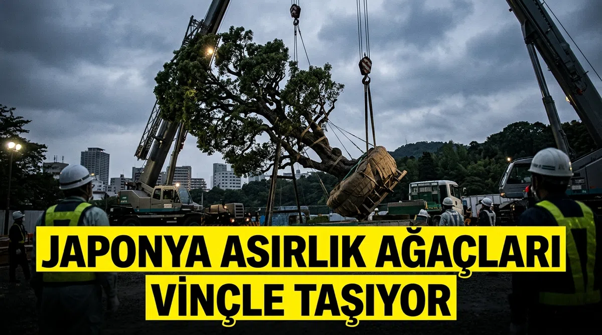 Japonya asırlık ağaçları vinçle taşıyor